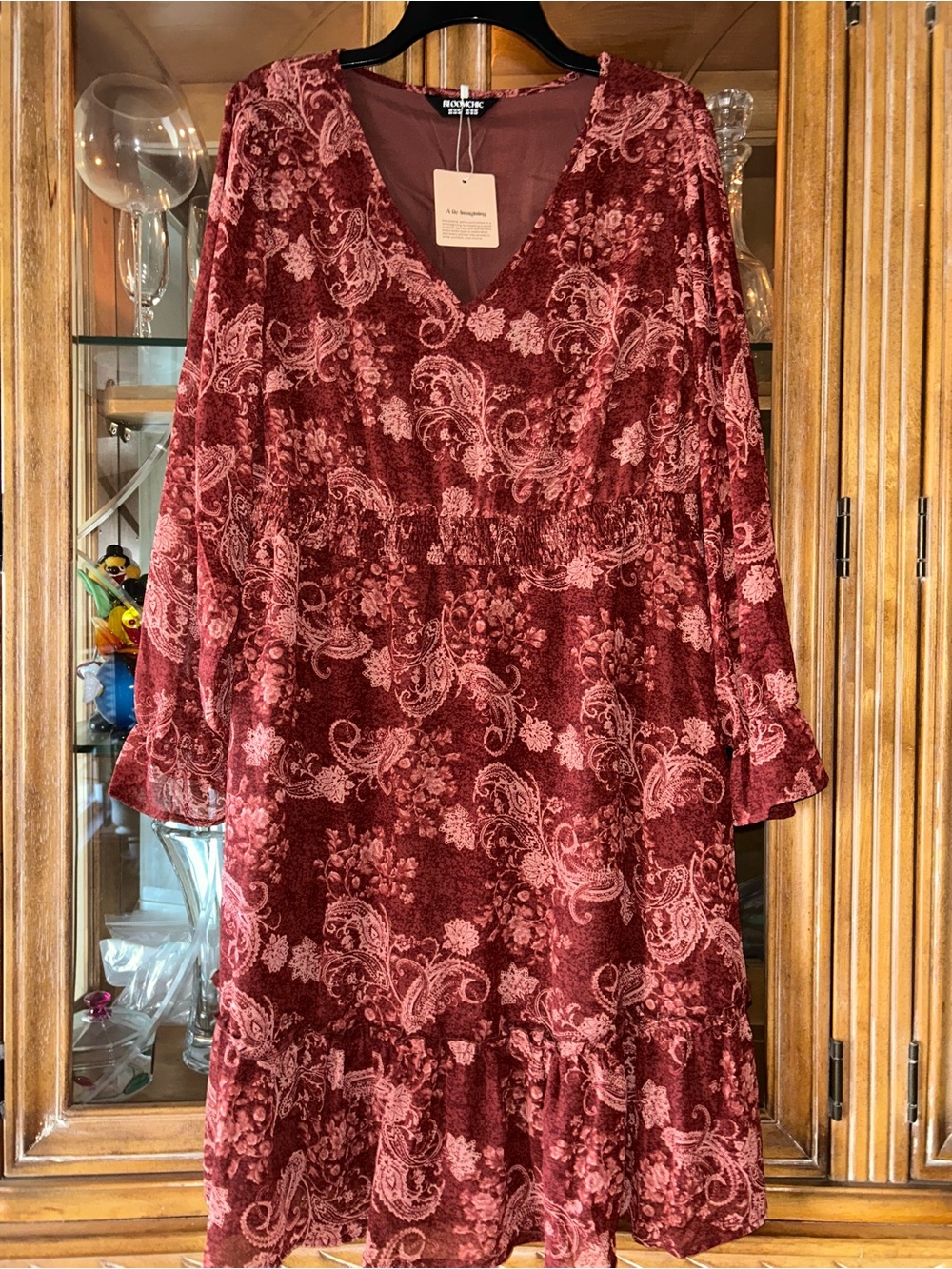 Beautiful Paisley V‑Neck Long Sleeve Dress with sheer sleeves